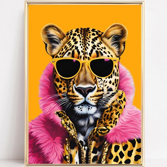 Leopard Yellow Sunglasses Pink Faux Fur Coat Pop Art Wall Poster