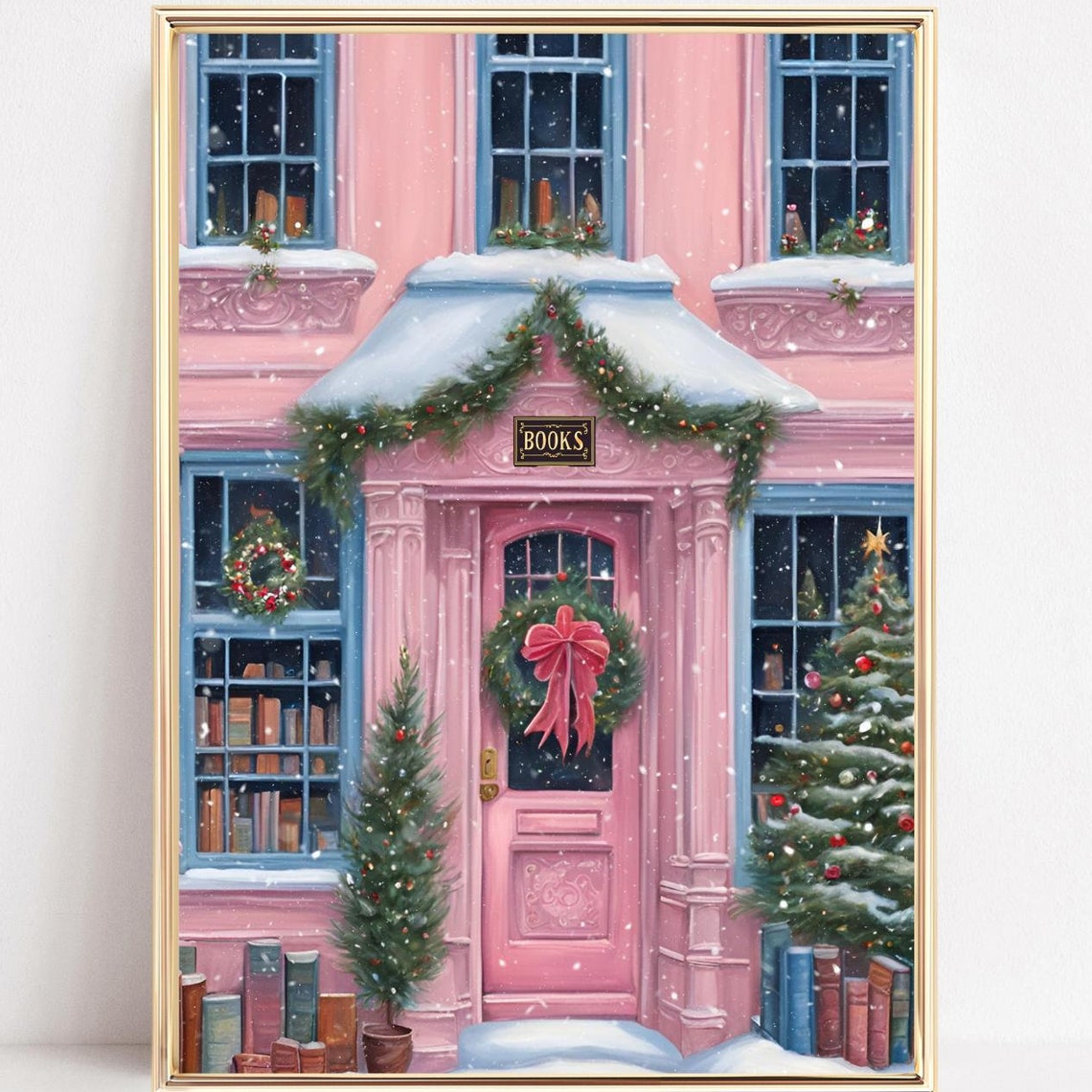 Christmas Bookshop Art Print Snowy Book Store Wall Art New York Book Shop Art Winter Bookish Print Bookstore Poster Reading Art Print