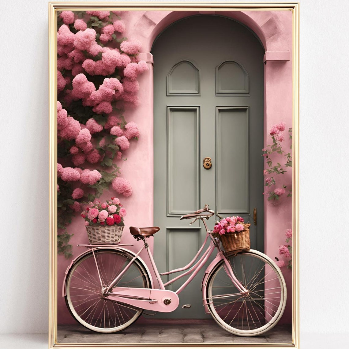Pink Bicycle with Flower Baskets by a Green Door Charming Poster
