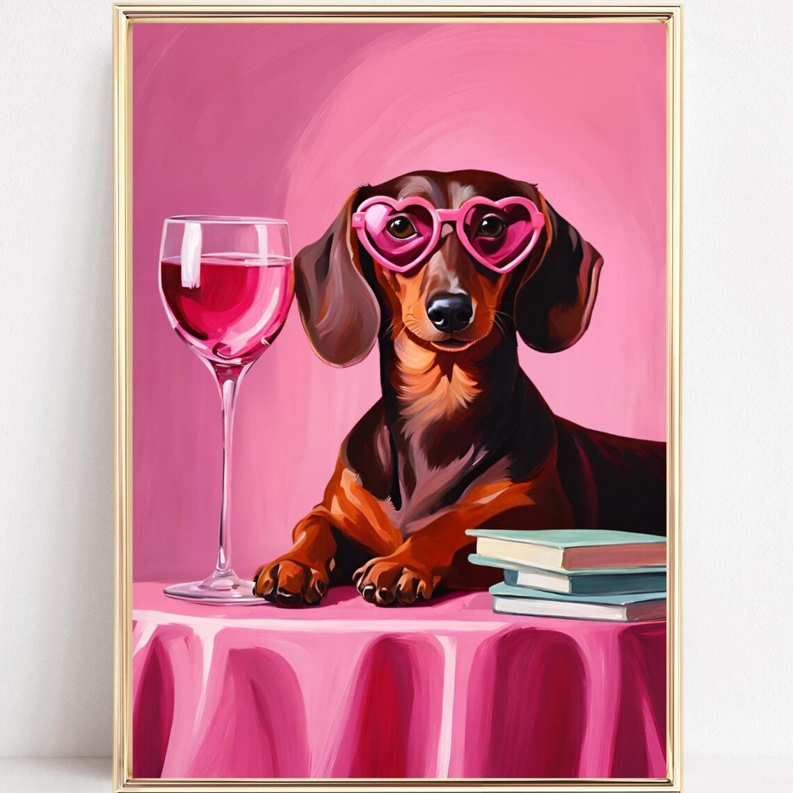 Dachshund Heart Sunglasses Wine Glass Books Pink Fun Wall Poster
