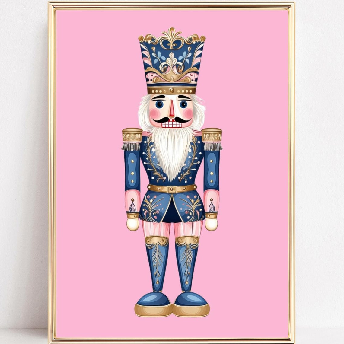 Blue and Gold Christmas Nutcracker on Pink Modern Decor Poster