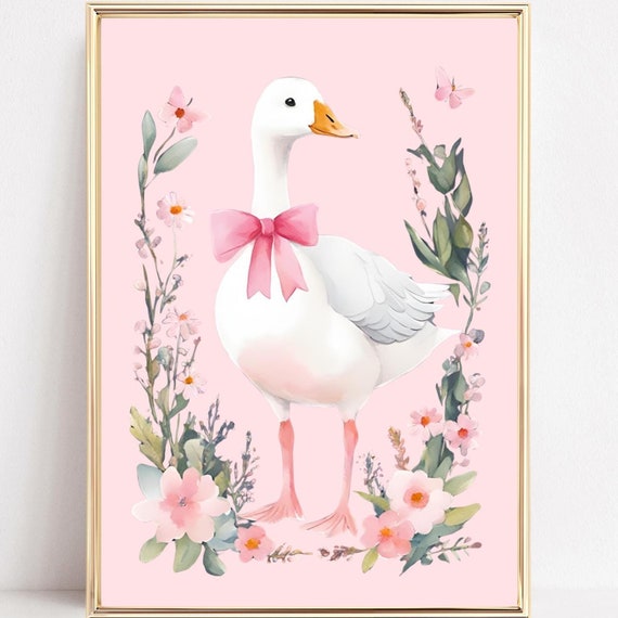 Vintage Goose Wall Art Print Cute Goose Nursery Art Cottagecore Goose Goose Poster Pink Coquette Decor Girls Room Bow Print