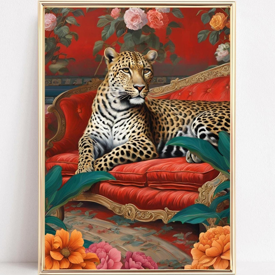 Leopard Resting on a Red Victorian Sofa with Roses Decor Poster