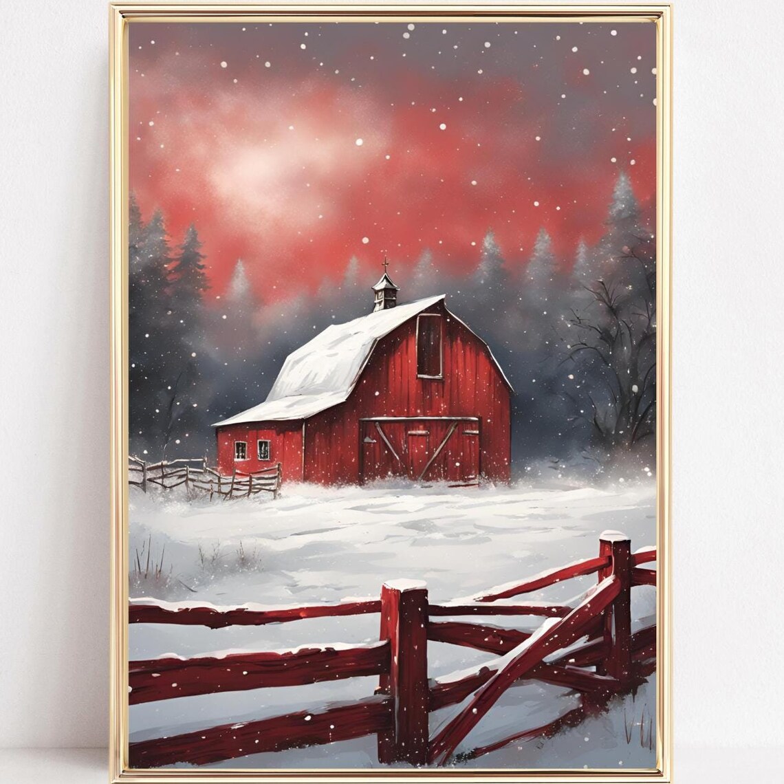 Red Barn Snowy Sunset Crimson Sky Farm Winter Scene Art Poster