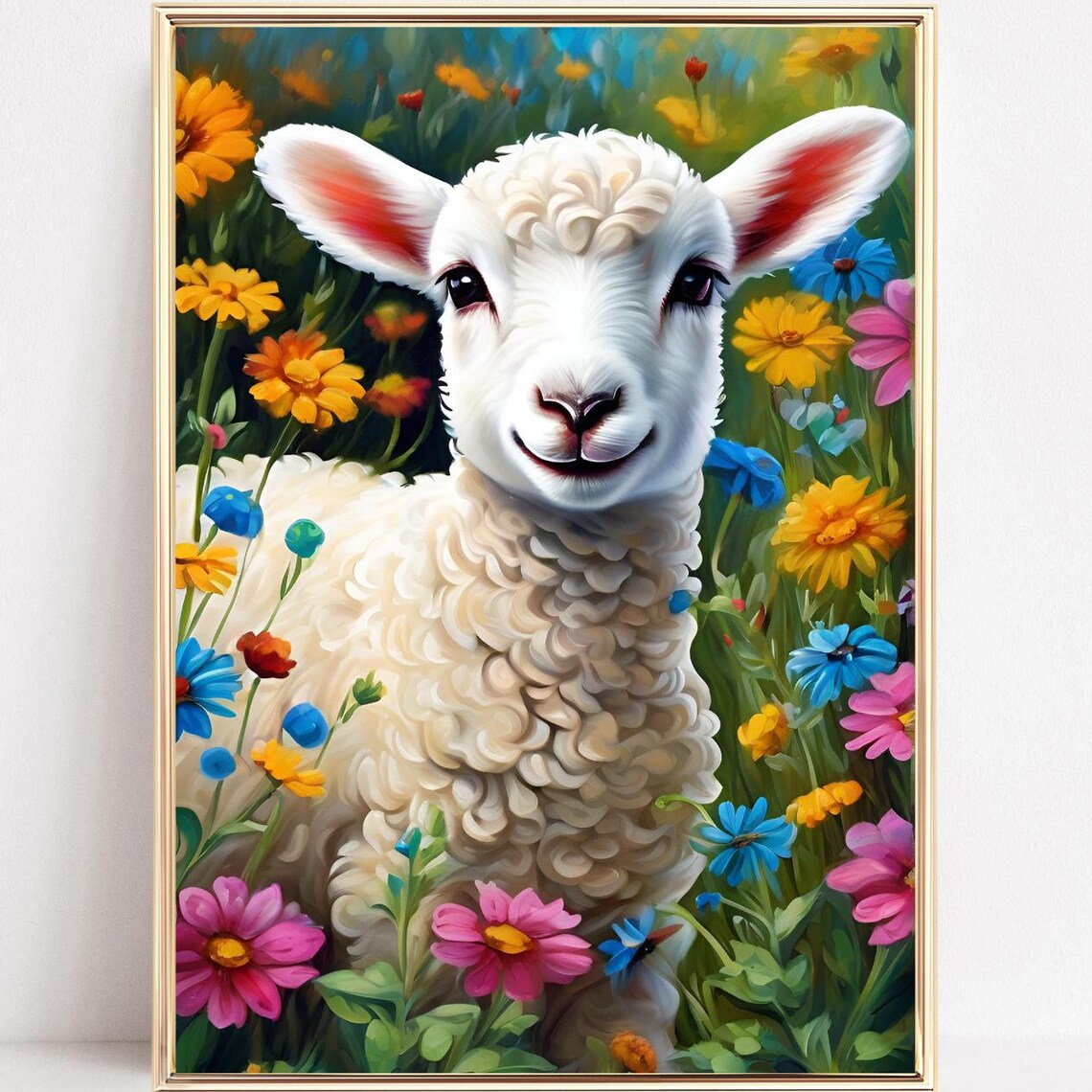 Smiling Lamb in a Colorful Wildflower Meadow Cute Animal Poster
