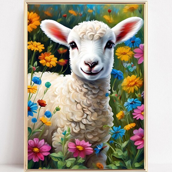 Smiling Lamb in a Colorful Wildflower Meadow Cute Animal Poster