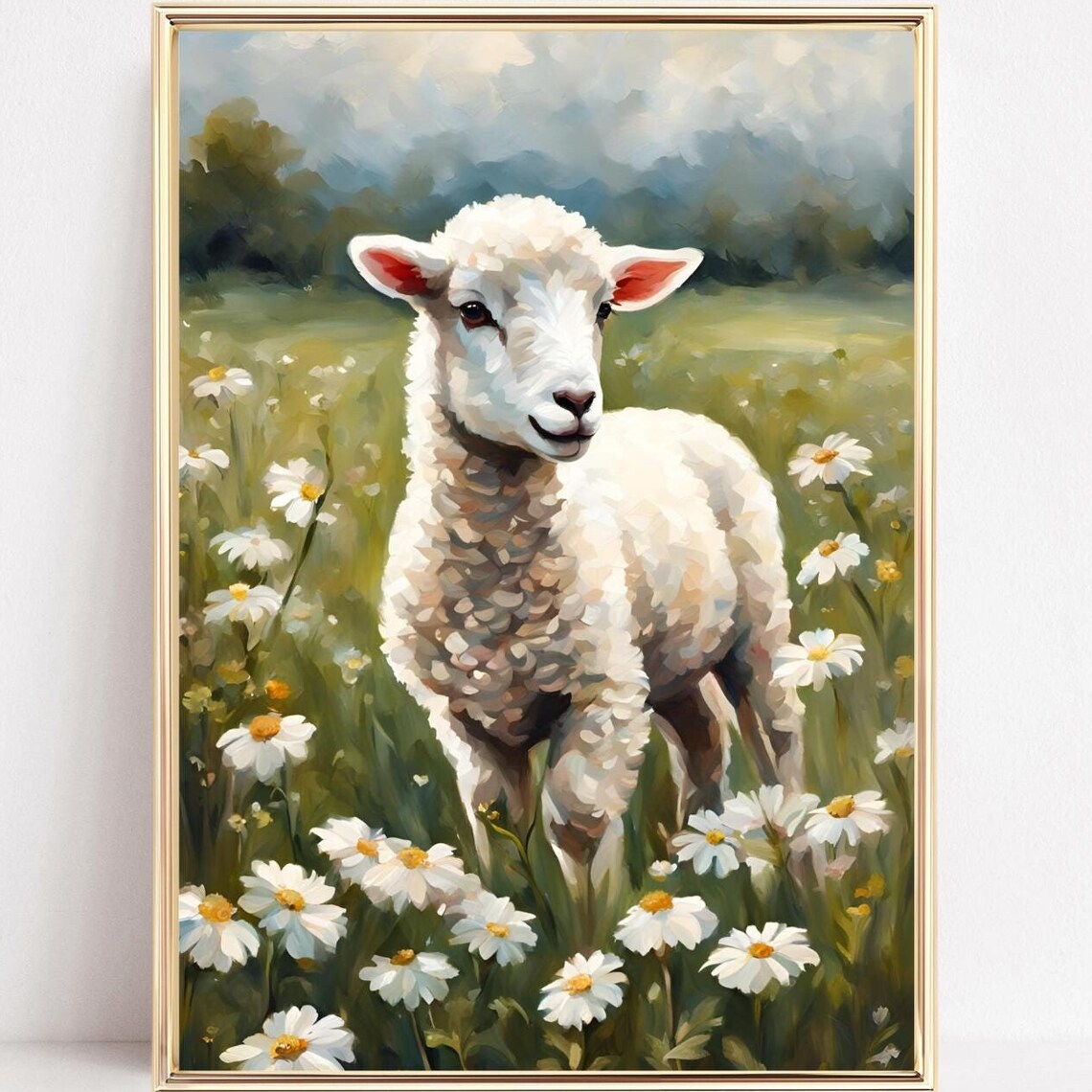 Spring Easter Lamb Art Print, Wildflowers Nursery Decor