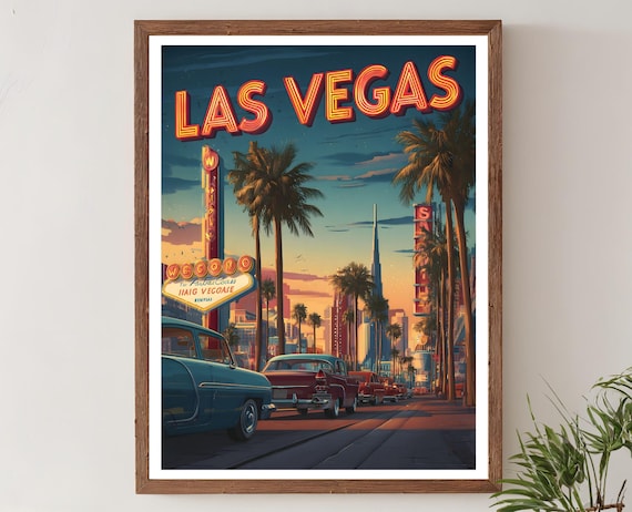 Las Vegas Neon Signs Vintage Cars Sunset Boulevard Travel Poster