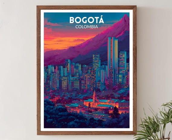 Bogot Colombia Vibrant Travel Poster Retro Futuristic Wall Art Print Colorful Cityscape Landscape Modern Latin Decor