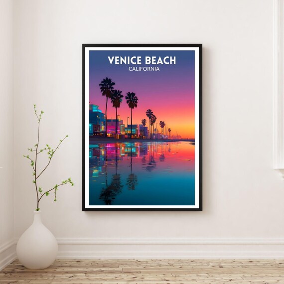 Venice Beach California Sunset Palm Trees Neon Travel Poster