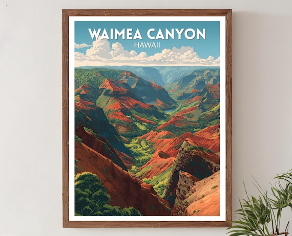 Waimea Canyon Hawaii Vibrant Red Rock Canyon Landscape Travel Poster