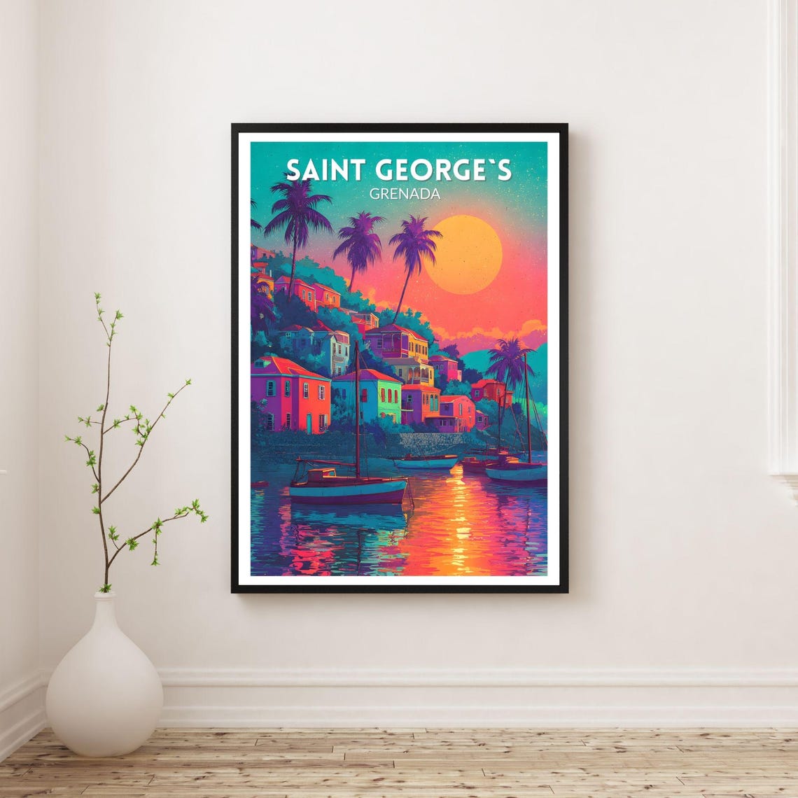 Saint Georges Grenada Vibrant Sunset Harbor Retro Futuristic Poster