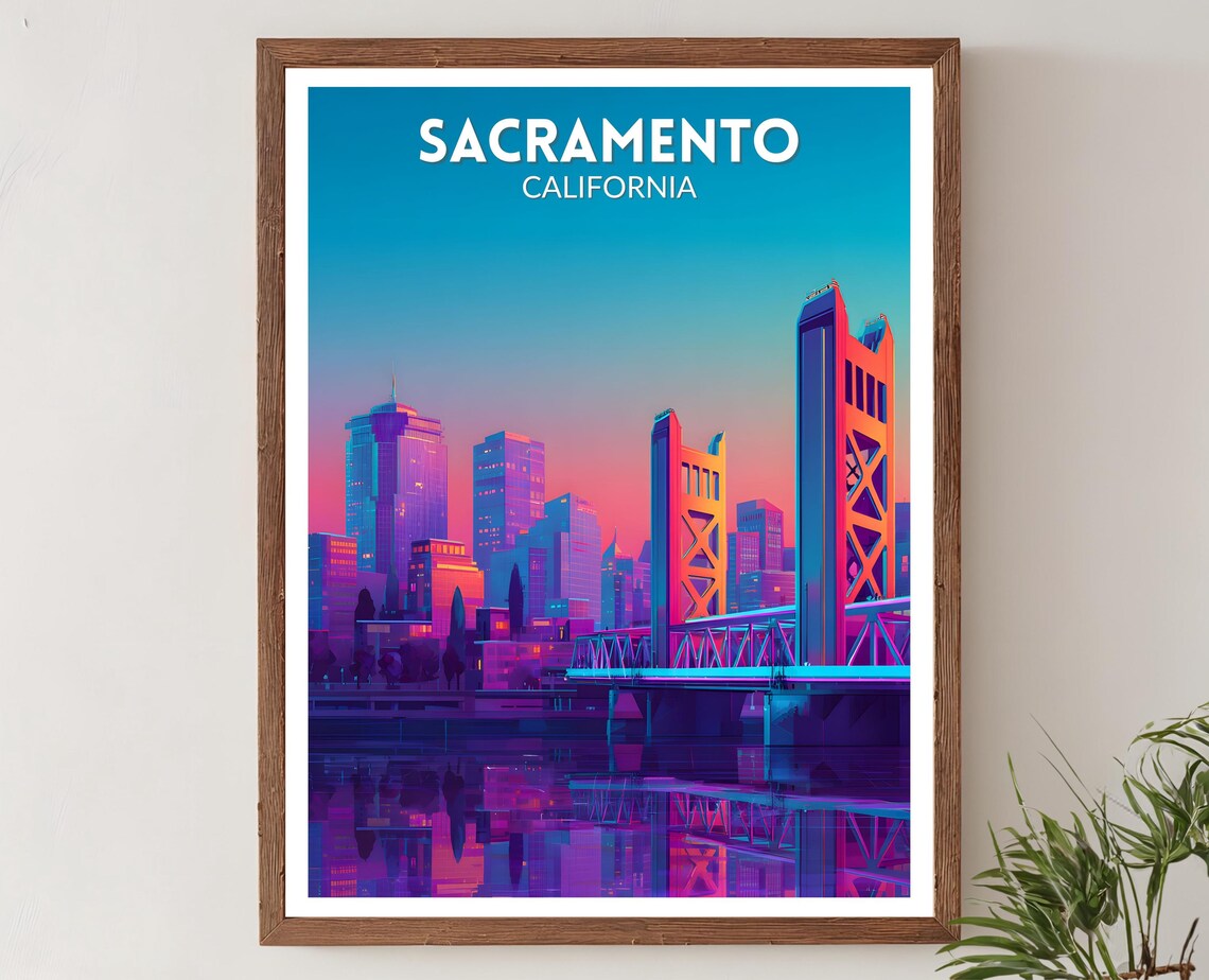 Sacramento Vibrant Travel Poster, Retro Futuristic Cityscape
