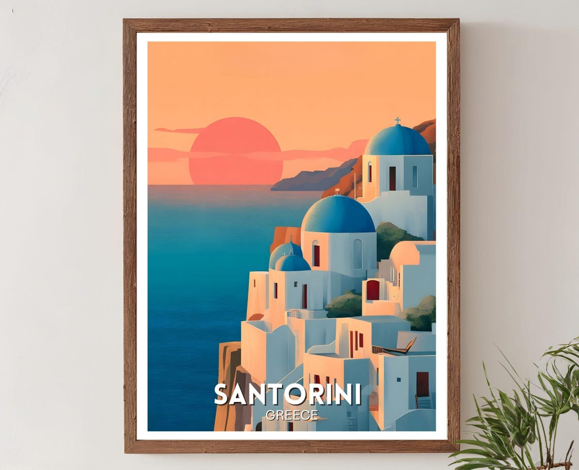 Santorini Greece Blue Domes Cliffs Aegean Sunset Travel Poster