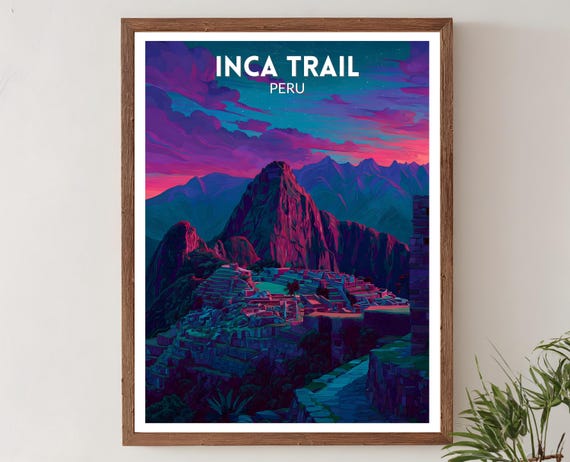 Inca Trail Peru Vibrant Travel Poster Retro Futuristic Wall Art Print Colorful Mountain Landscape Modern Latin Decor