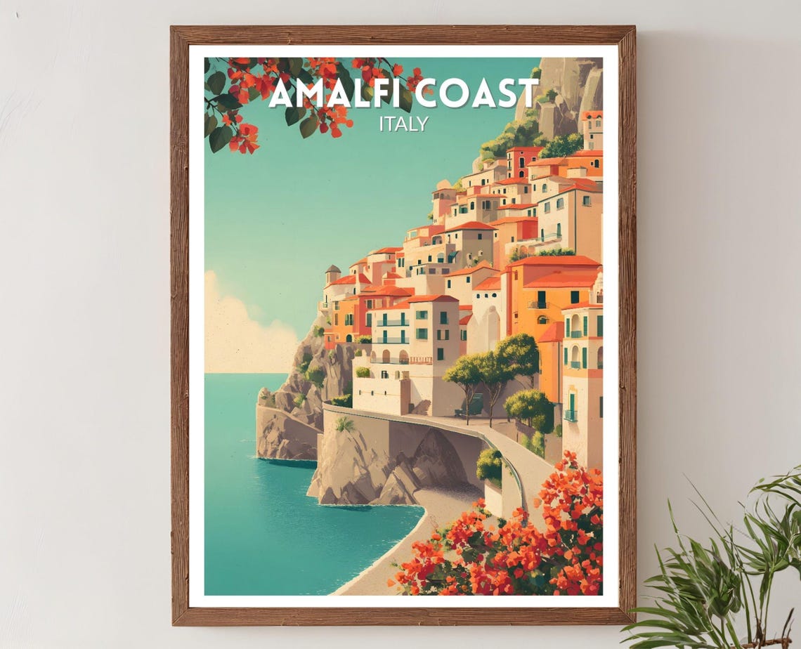 Amalfi Coast Italy Cliffside Village Retro Travel Poster Art