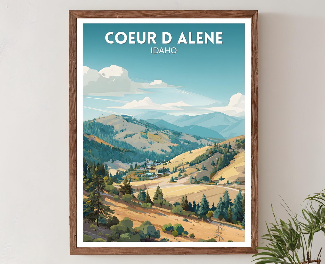 Coeur d'Alene Idaho Retro Travel Poster, Lake Landscape