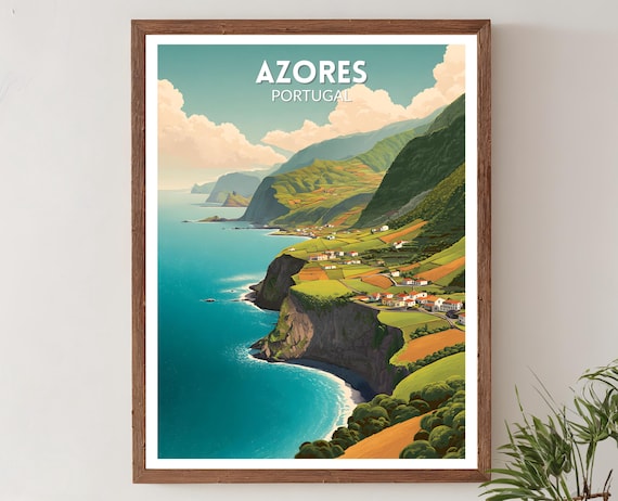 Azores Portugal Retro Coastal Cliffs Village Sea View Travel Poster