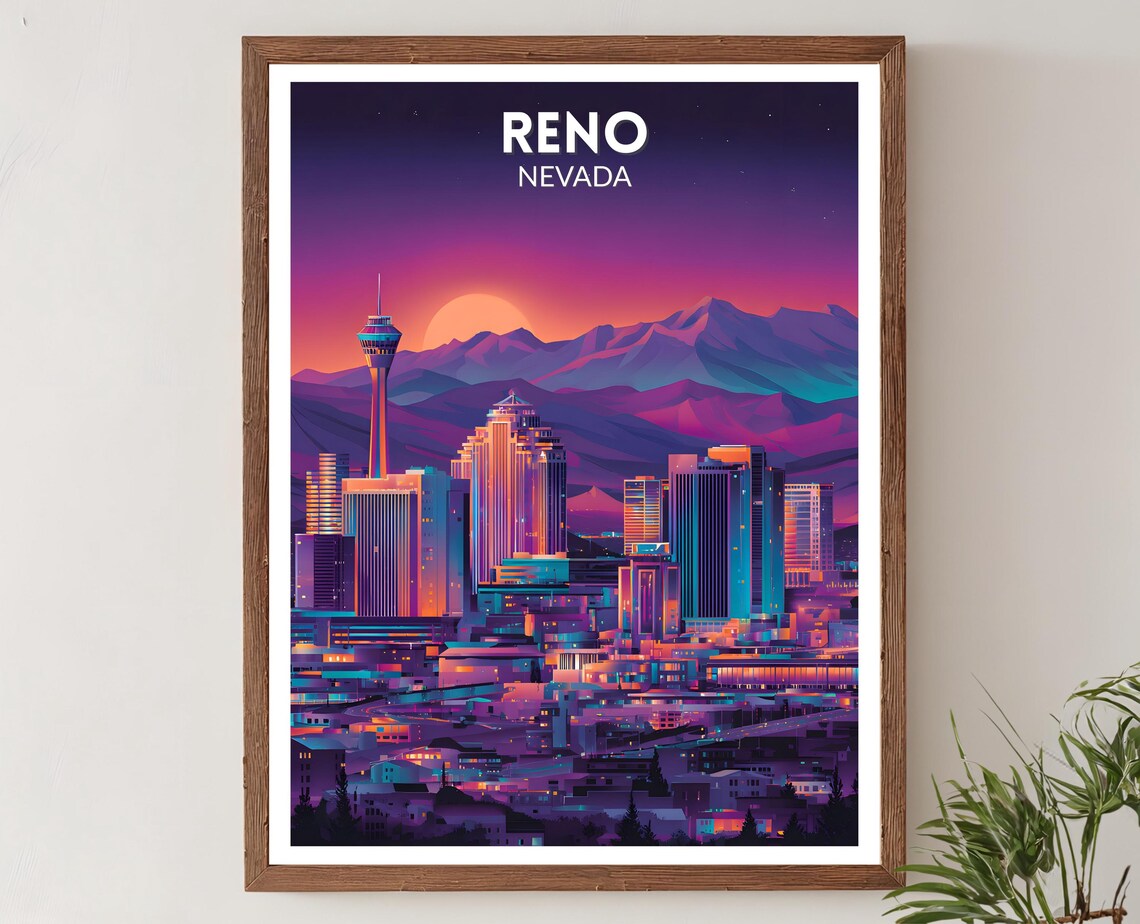 Reno Nevada Downtown Skyline Neon Dusk Mountain Retro Travel Poster