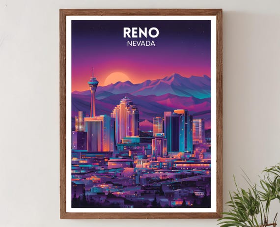 Reno Nevada Vibrant Travel Poster Retro Futuristic Wall Art Print Colorful Skyline Landscape Modern Decor