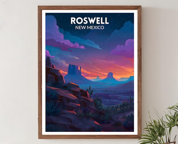 Roswell New Mexico Vibrant Desert Buttes Starry Sunset Travel Poster