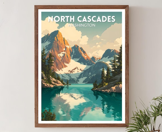 North Cascades Washington Retro Alpine Lake Mountain Travel Poster