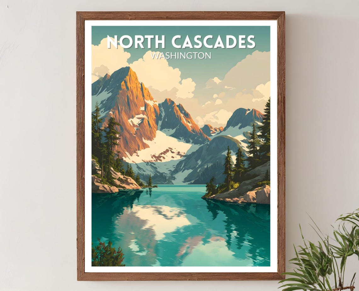 North Cascades Washington Retro Alpine Lake Mountain Travel Poster