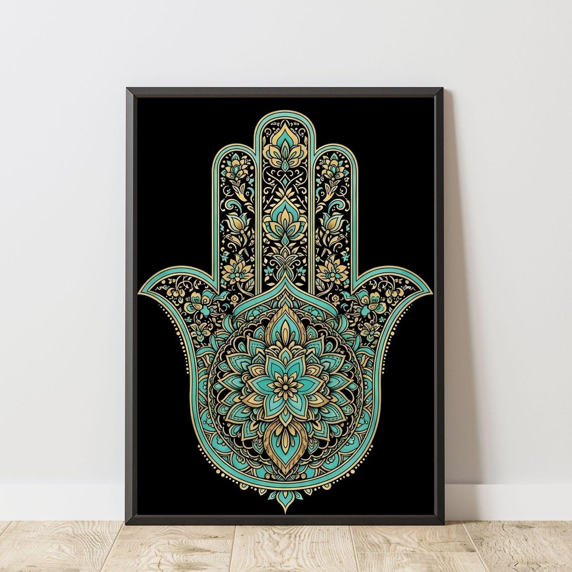 Hamsa Hand Wall Art Turquoise Gold Mandala Print Boho Spiritual Decor Islamic Protection Symbol Mystical Home