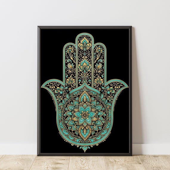 Hamsa Hand Wall Art Turquoise Gold Mandala Print Boho Spiritual Decor Islamic Protection Symbol Mystical Home