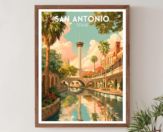 San Antonio Texas Retro Travel Poster Mid Century Modern Wall Art Print Vintage Cityscape Decor Home