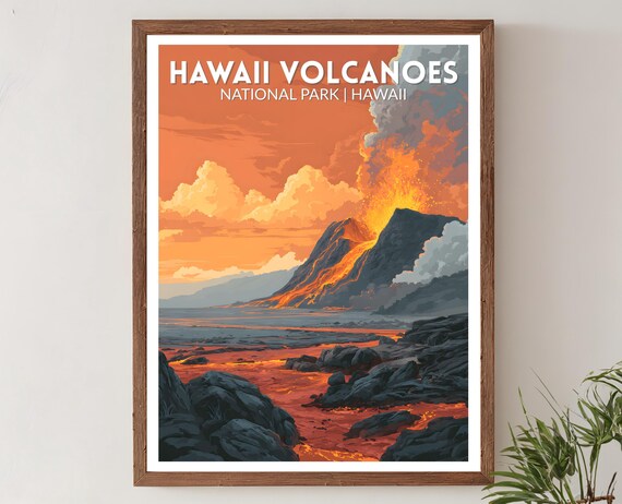 Hawaii Volcanoes National Park Lava Eruption Sunset Travel Poster