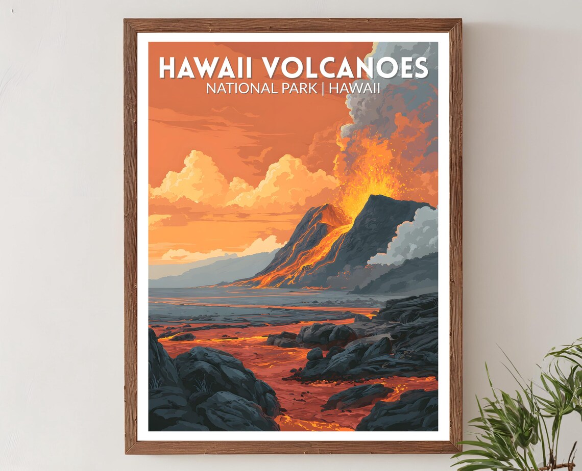 Hawaii Volcanoes National Park Lava Eruption Sunset Travel Poster