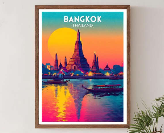 Bangkok Thailand Vibrant Travel Poster Retro Futuristic Wall Art Print Colorful Cityscape Decor Modern