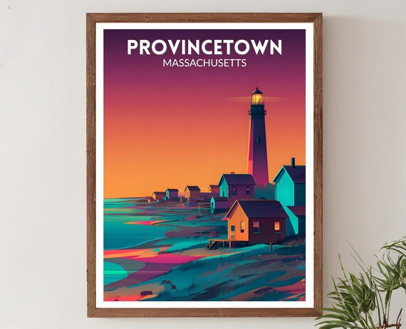 Provincetown Massachusetts Vibrant Retro Lighthouse Sunset Travel Poster