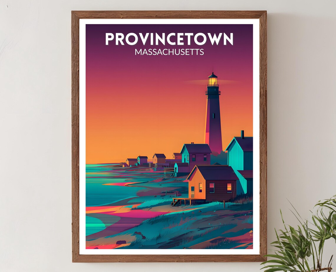 Provincetown Massachusetts Vibrant Retro Lighthouse Sunset Travel Poster