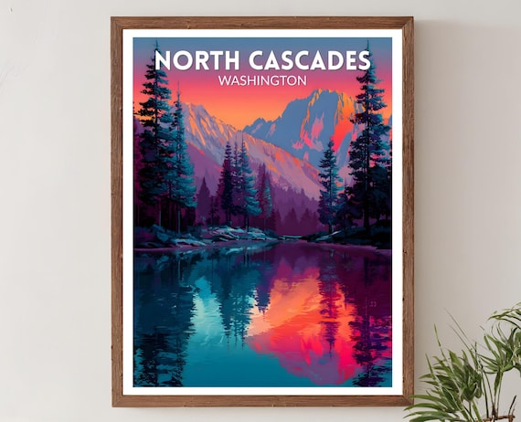 North Cascades Washington Mountain Travel Poster Sunset Lake Reflection