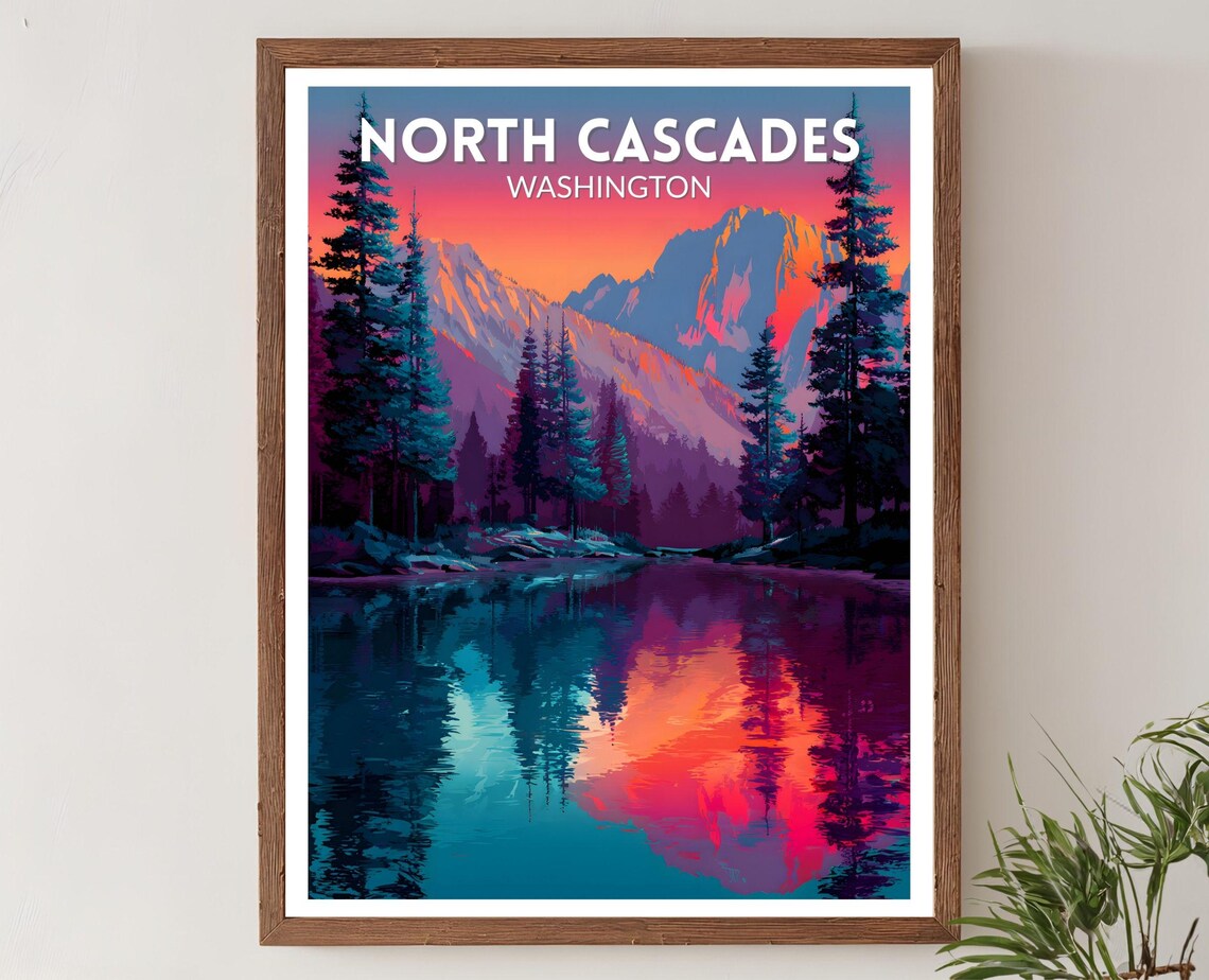 North Cascades Washington Mountain Travel Poster Sunset Lake Reflection