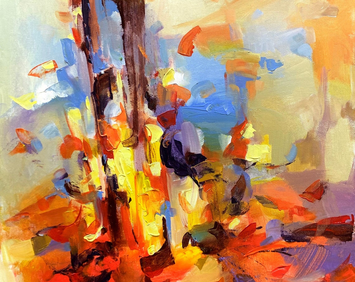 Abstract Autumn Forest In Orange Blue And Gold Impasto Style Poster