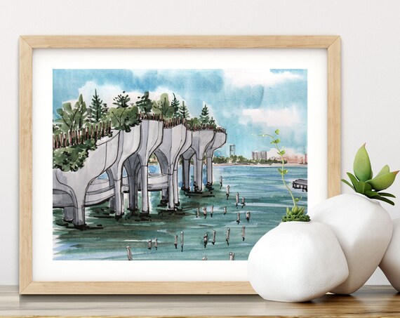 Little Island New York City Watercolor Hudson River Park Art Poster