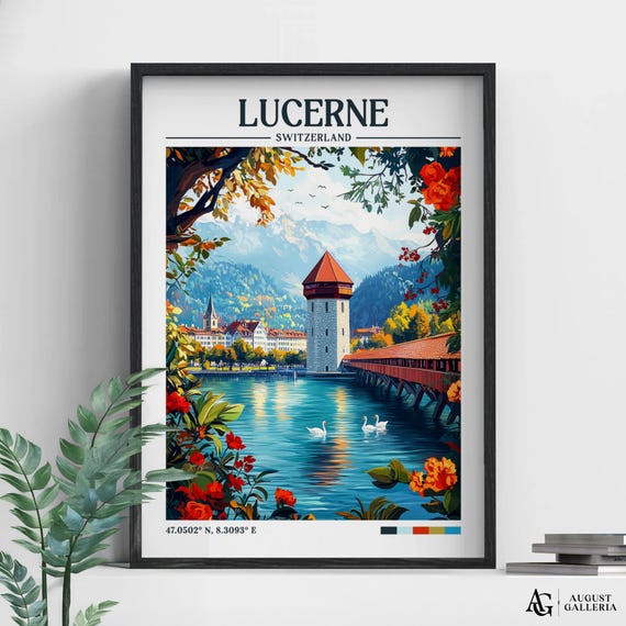 Lucerne Switzerland Retro Travel Print Wanderlust Posters Wall Art Framed Prints Canvas Poster Illustration