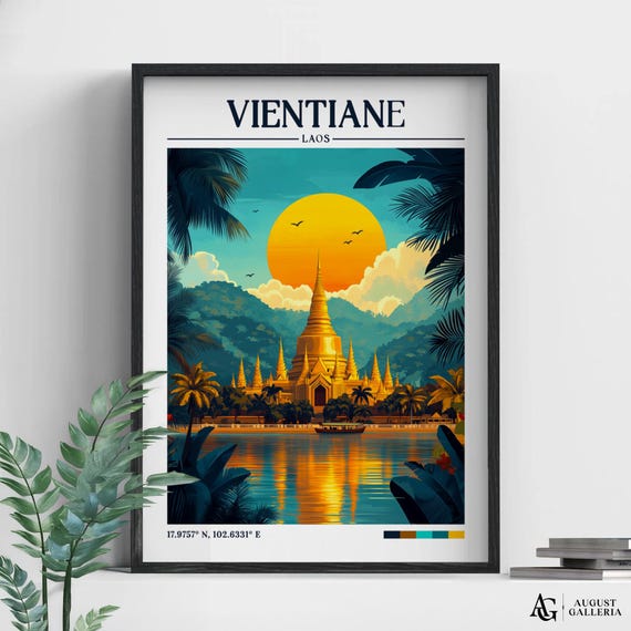 Vientiane Laos Retro Travel Poster, Wanderlust Illustration