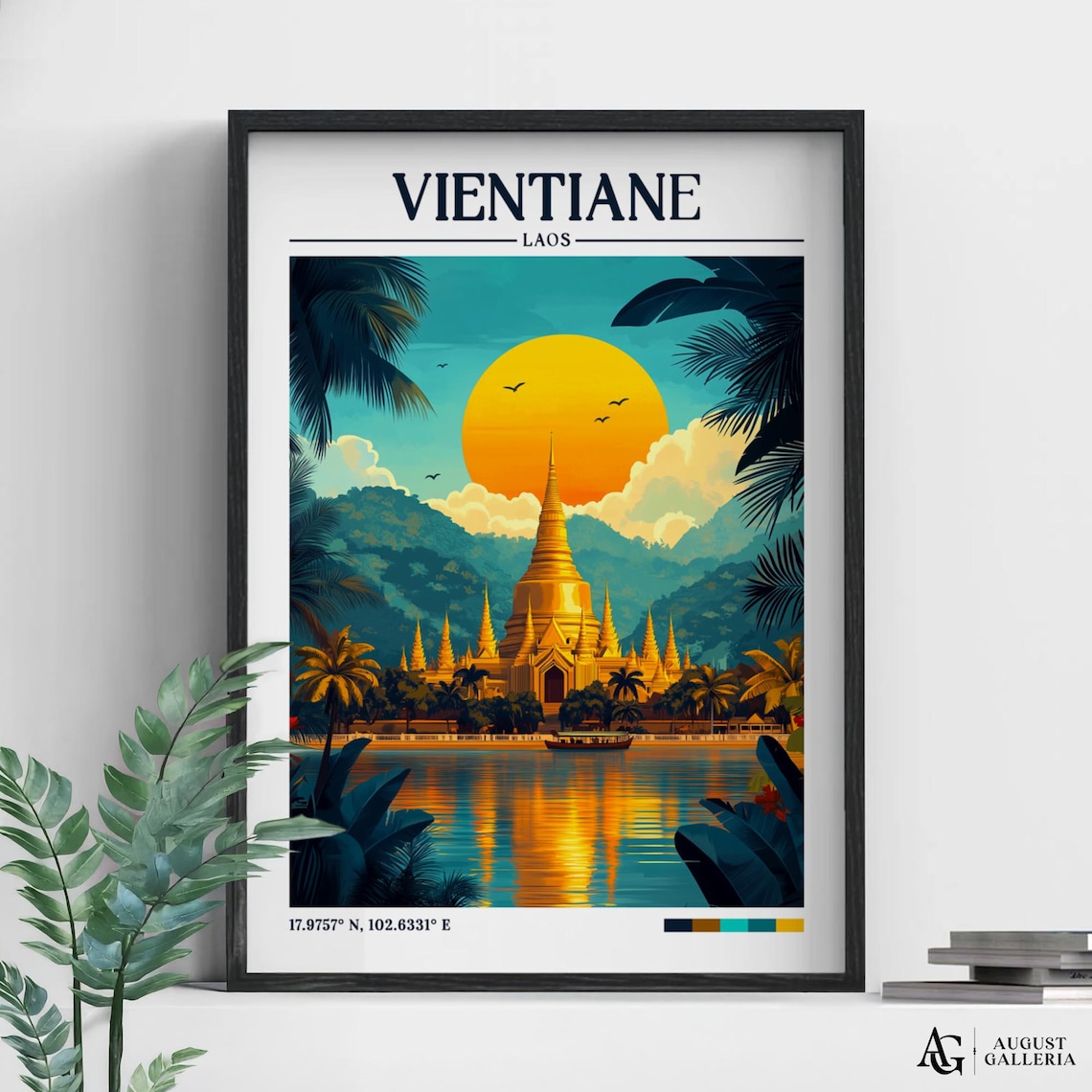 Vientiane Laos Retro Travel Poster, Wanderlust Illustration