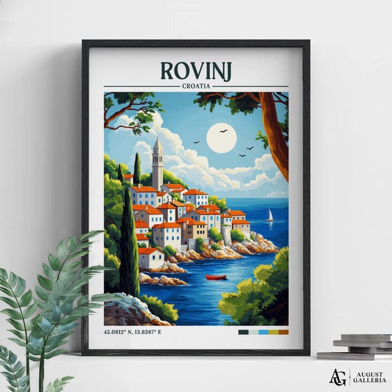 Rovinj Croatia Retro Travel Poster, Wanderlust Illustration
