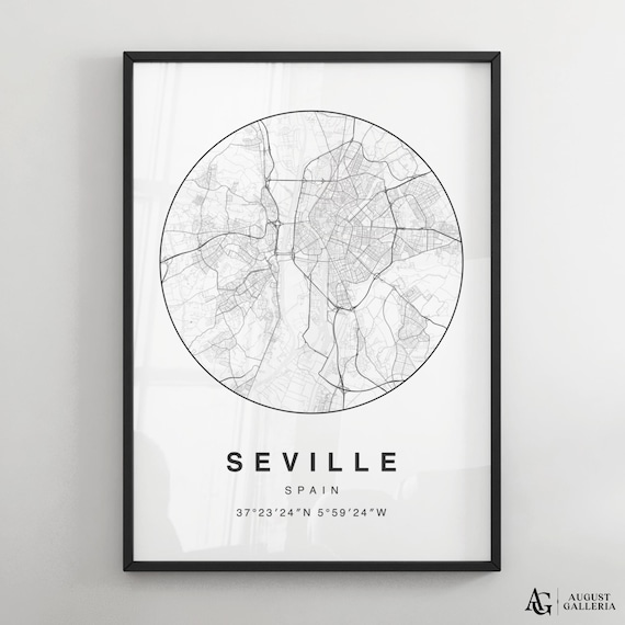 Seville Spain Circular Minimalist Black White City Map Poster