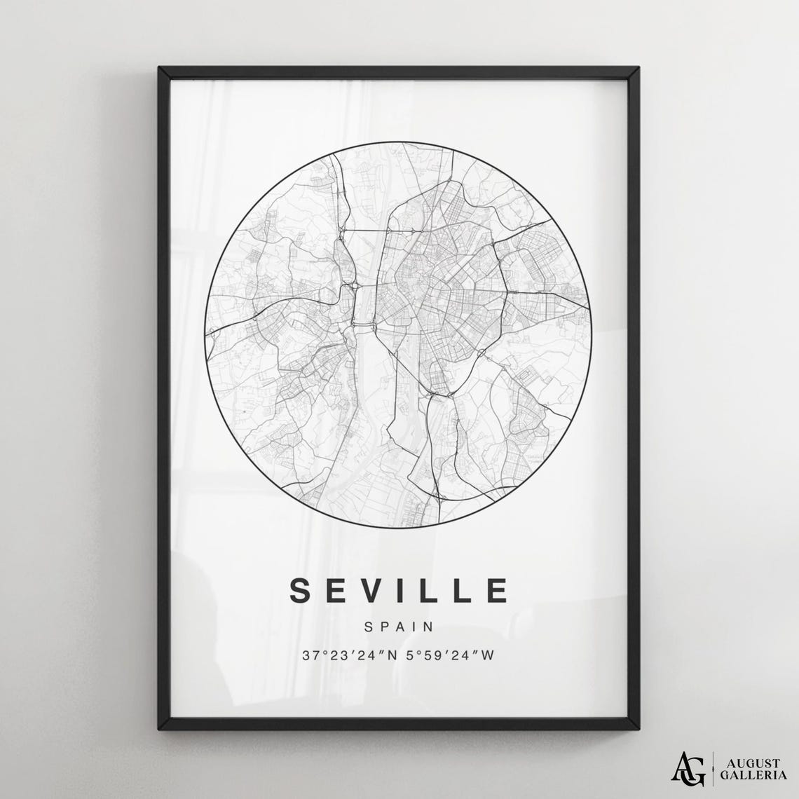 Seville Spain Circular Minimalist Black White City Map Poster