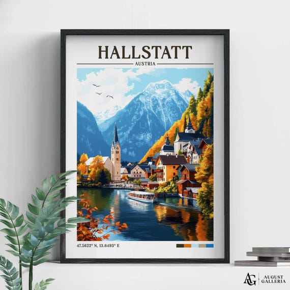 Hallstatt Austria Retro Travel Print Wanderlust Posters Illustration Wall Art Framed Prints Canvas Poster