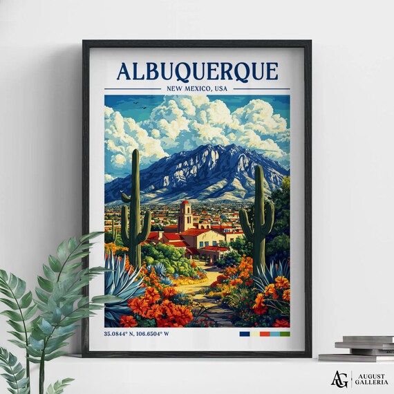 Albuquerque New Mexico Retro Travel Sandia Mountain Cactus Poster
