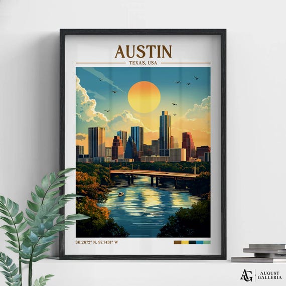 Austin Texas Retro Travel Print Wanderlust Posters Wall Art Framed Prints Canvas Poster