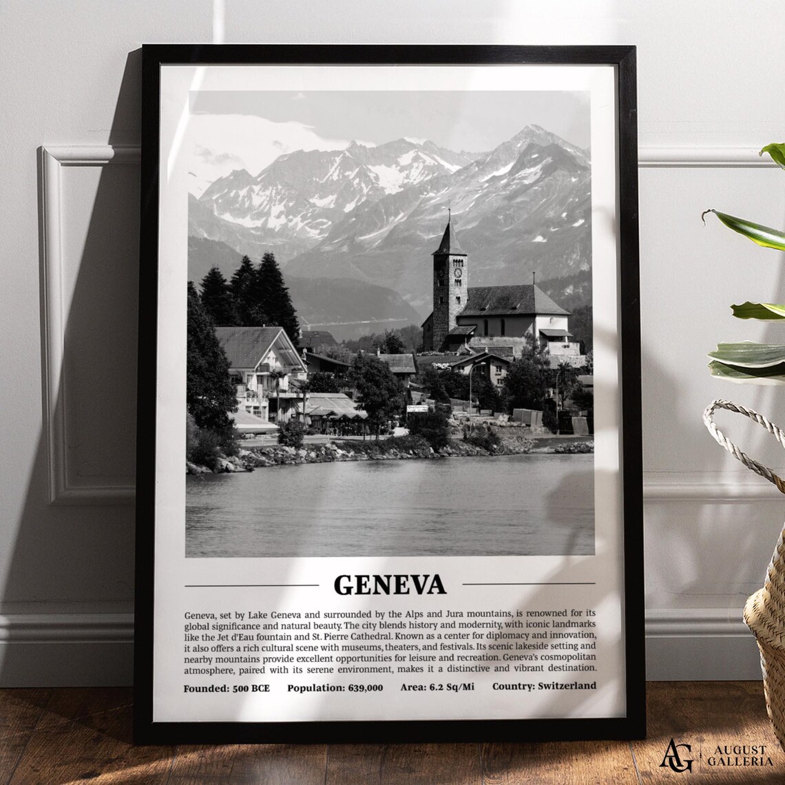 Geneva Lakeside Alps Village Black White Switzerland City Travel Poster