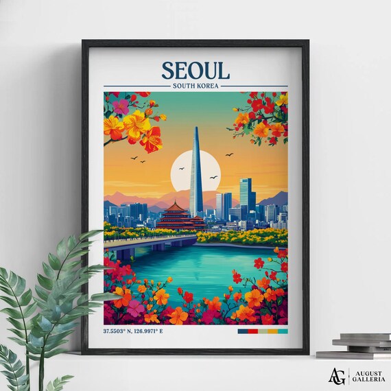 Seoul South Korea Retro Travel Poster Sunset Skyline Tower Temple River Scene
